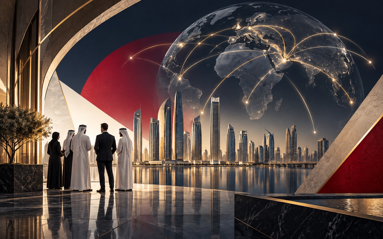 Abstract editorial artwork for Mavins International Strengthens Capabilities in the United Arab Emirates with “Mavins-ANA”